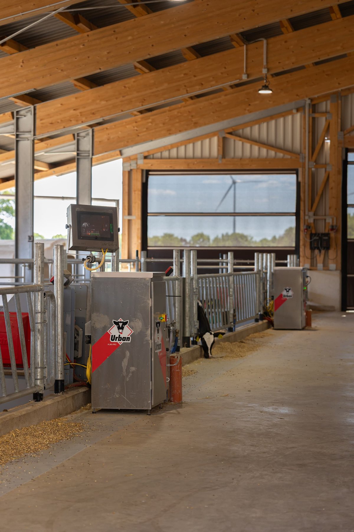 Heller Stallinnenraum mit Holzdachstuhl und Technikeinheit